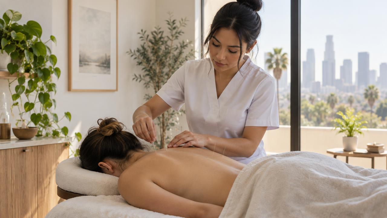 A licensed acupuncturist providing a gentle acupuncture treatment in a calm Los Angeles wellness clinic