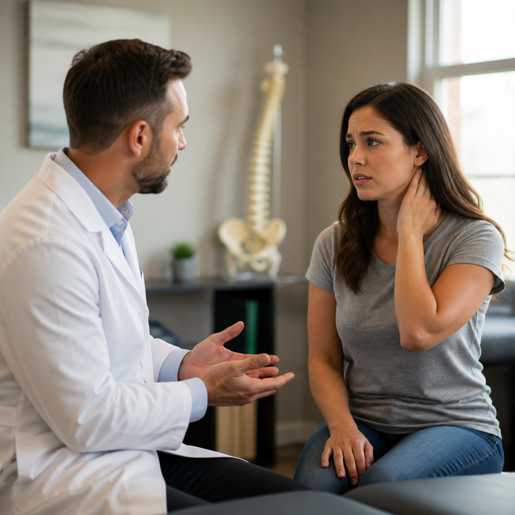 A chiropractor compassionately consults with a distressed patient holding her neck after an auto accident