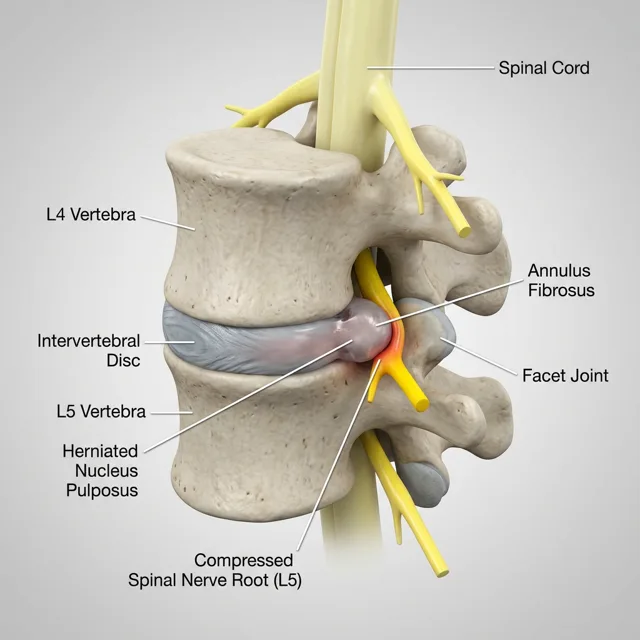 Anatomical cross-section of a spinal vertebra showing disc structure and nerve compression
