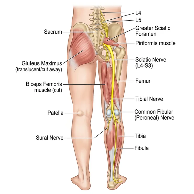 Anatomical diagram of the human nervous system focusing on the lumbar spine