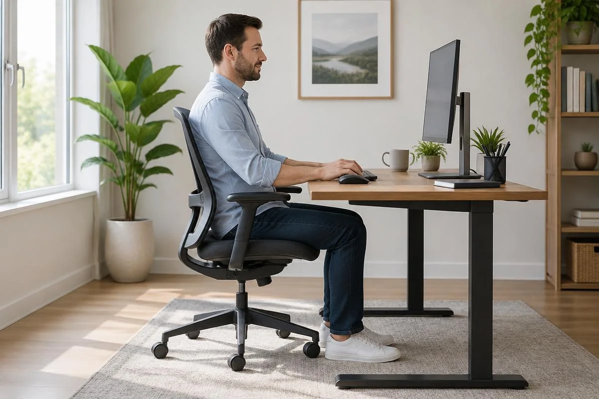 Side view of a man at a desk with a raised monitor, supported back, relaxed shoulders and feet flat on the floor.
