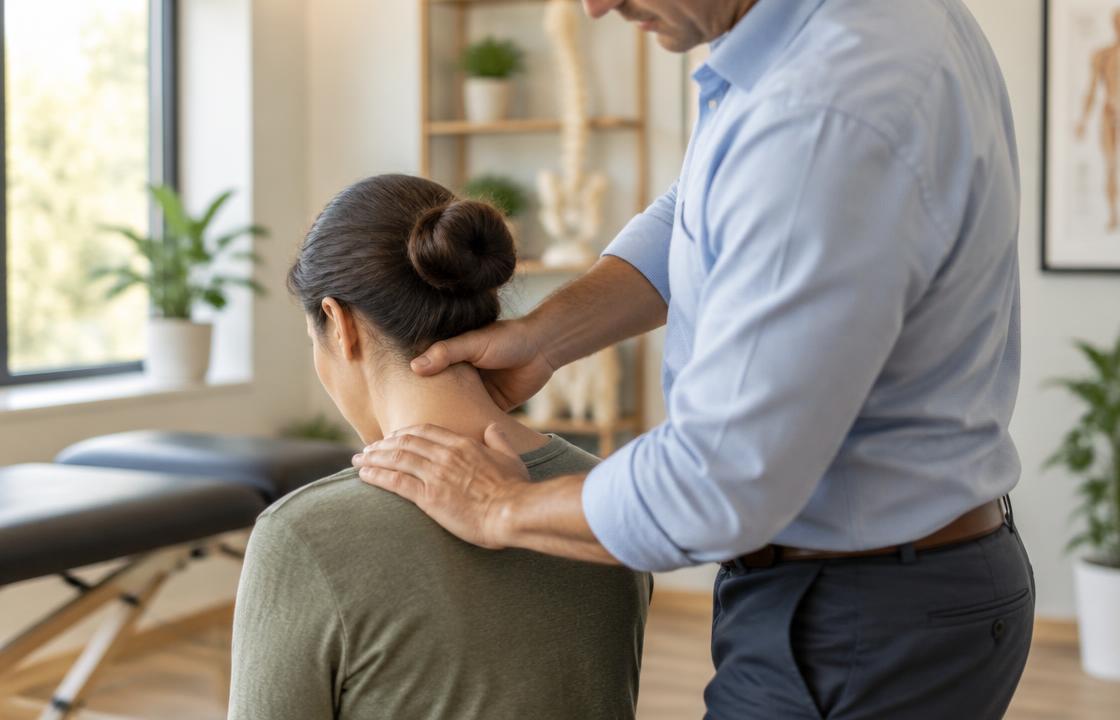 A chiropractor gently examining a patient's neck and upper shoulders during a headache evaluation